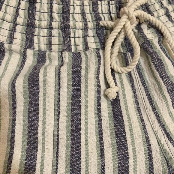 Roxy Oceanside Beach Flare Pants Cotton Linen Blue Green White Stripe Size Large - Picture 3 of 11